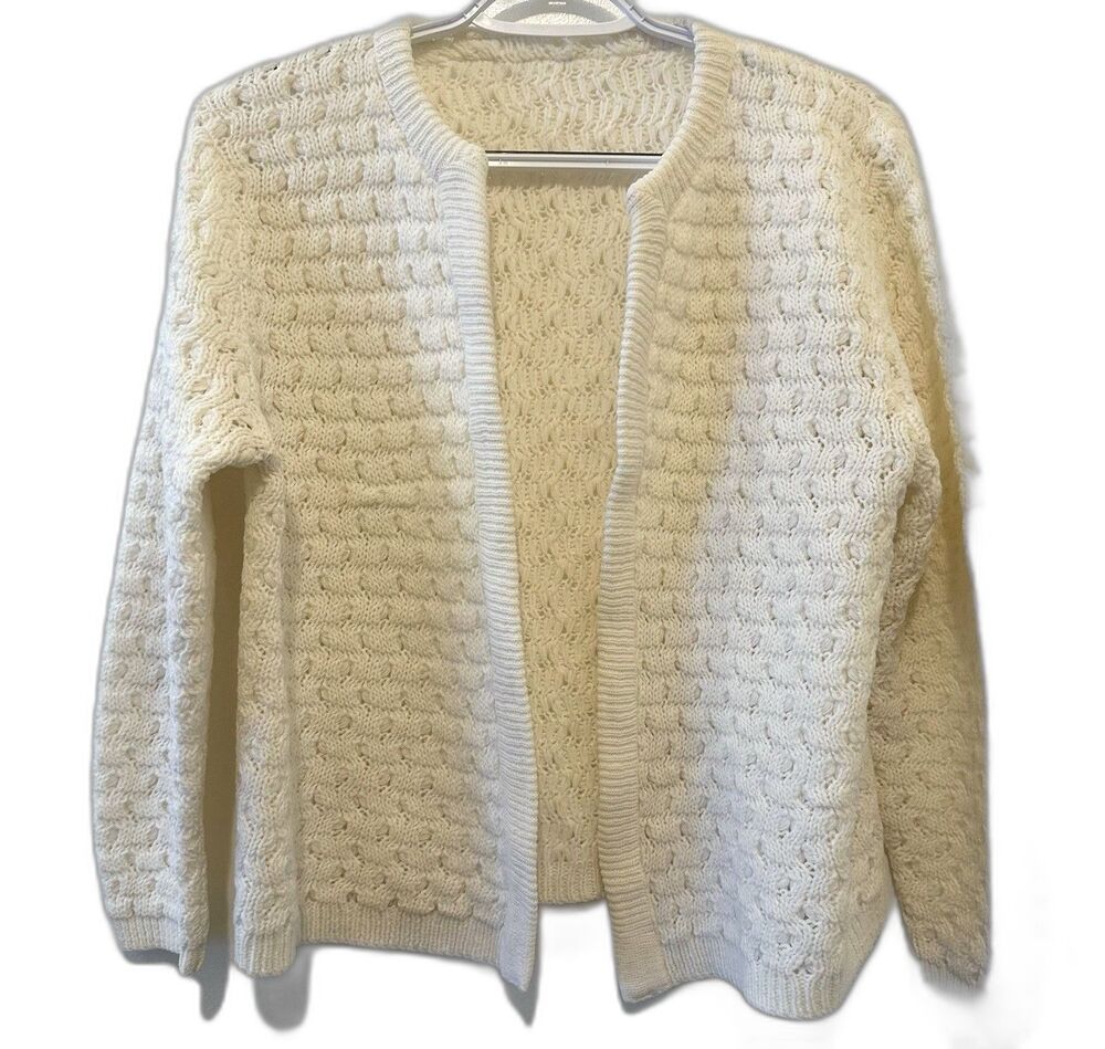Handmade Ivory Open Knit Cardigan Sweater Women’s Medium Open Front Textured